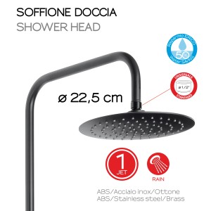 Soffione doccia nero (22,5 cm) per colonna doccia.