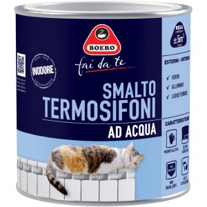 Barattolo di smalto per termosifoni Boero con gatto sul termosifone. Adatto per ferro, alluminio e leghe ferrose.