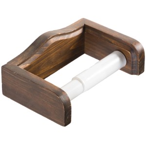 t.b.t. Porta carta igienica in legno scuro con rotolo bianco.