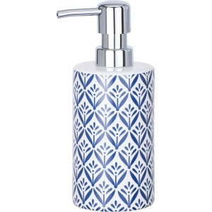 Dispenser sapone Wenko Lorca in ceramica con motivo blu e bianco.