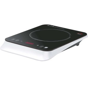 Piastra di cottura t.b.t. nera con display digitale per cottura a induzione.