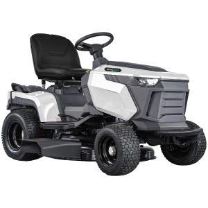 Trattorino tagliaerba grigio e nero. Ideale per grandi prati.