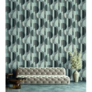 Carta da parati decorativa con motivo geometrico nei toni del grigio e del verde.