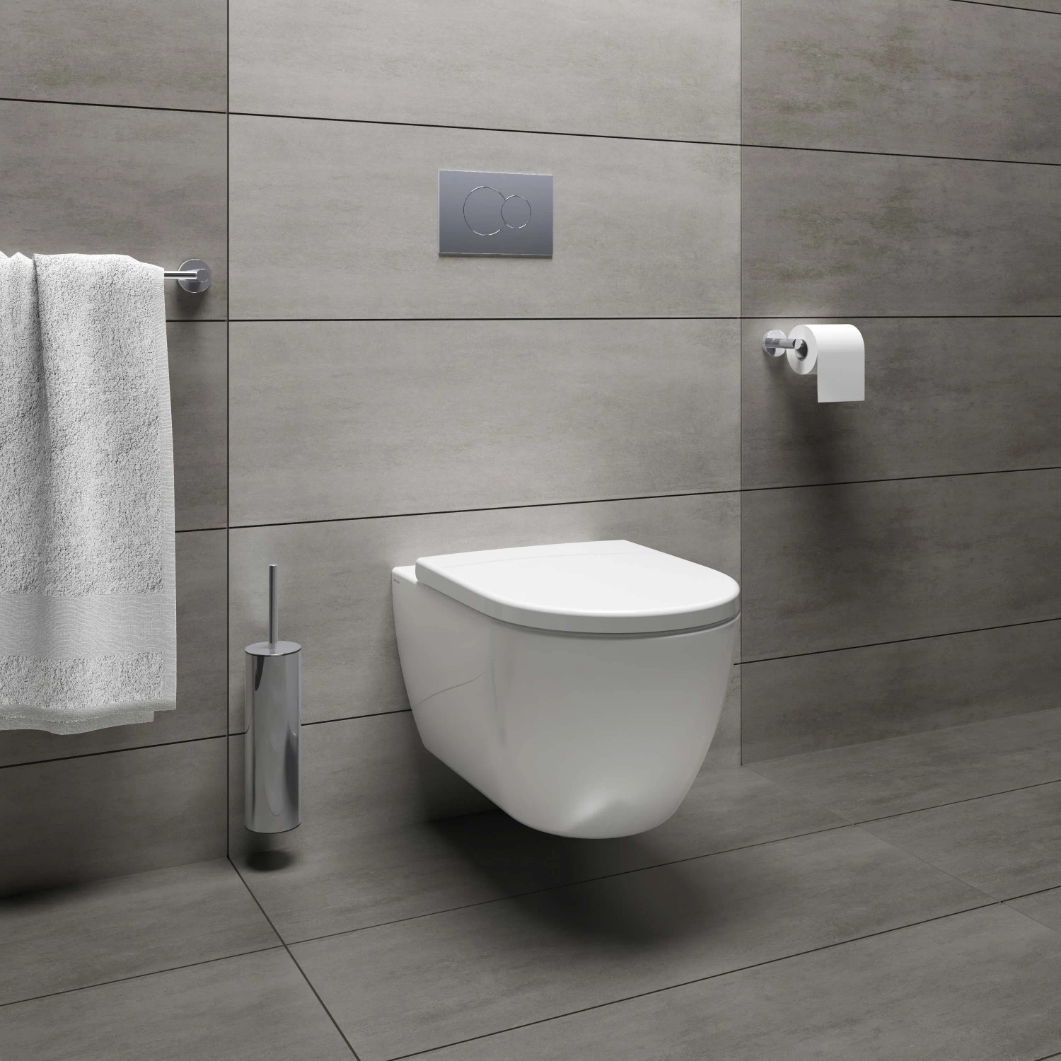 WC sospeso (t.b.t.) bianco moderno su parete grigia con accessori.