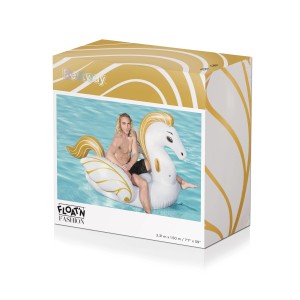 Confezione del gonfiabile Bestway Luxury Pegasus, 231x150cm, con persona sul gonfiabile in acqua.