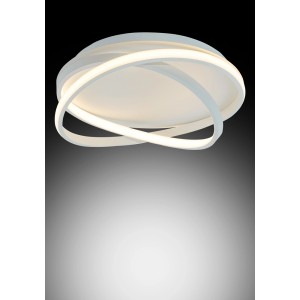 Plafoniera LED moderna t.b.t. con anelli luminosi intrecciati in bianco.
