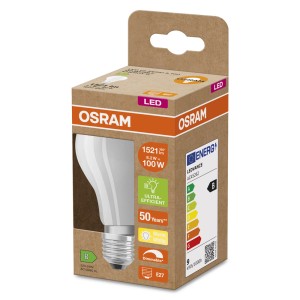 Lampadina LED Osram E27, 8.2W, 1521lm, forma a bulbo, opaca, bianco caldo, nella confezione.
