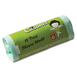 Rotolo di sacchi per pattumiera biodegradabili verde chiaro, 15 pezzi, misura 42x45 cm.