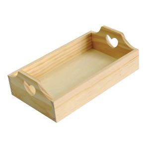 Vassoio in legno chiaro per accessori artistici con manici a cuore.