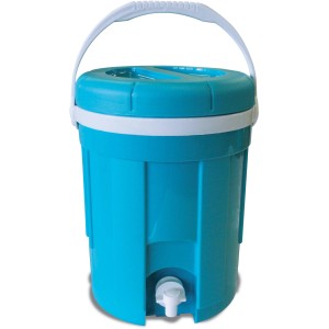 Contenitore portatile turchese per bevande con rubinetto e manico bianco per campeggio e outdoor.