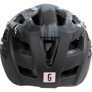 Casco da bici nero con dettagli grigi e fori di ventilazione.