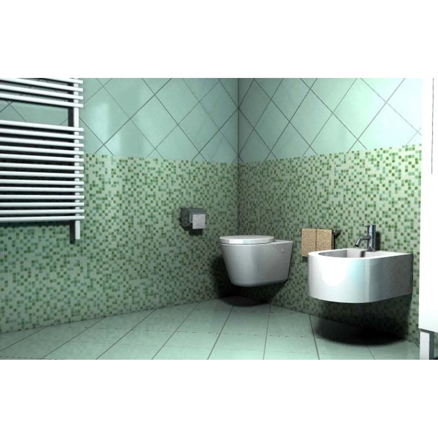 Bagno con piastrelle Tasselli verdi, WC e bidet.