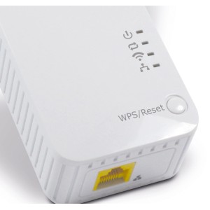 Ripetitore Wi-Fi bianco con pulsante WPS/Reset e porta Ethernet.
