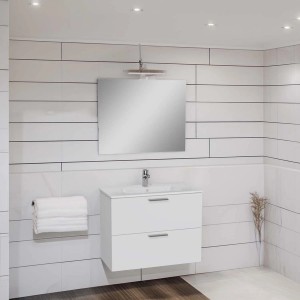 Moderno set di mobili da bagno bianchi con lavabo, mobile sottolavabo e specchio.
