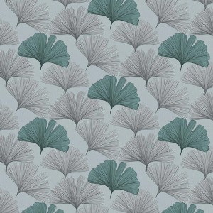 Tovaglia con motivo a foglie di ginkgo in grigio e verde.