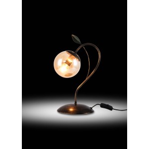 Lampada da scrivania decorativa con globo in vetro ambrato e dettaglio foglia.