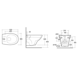 Disegno tecnico di un WC sospeso con dimensioni per installazione e progettazione.