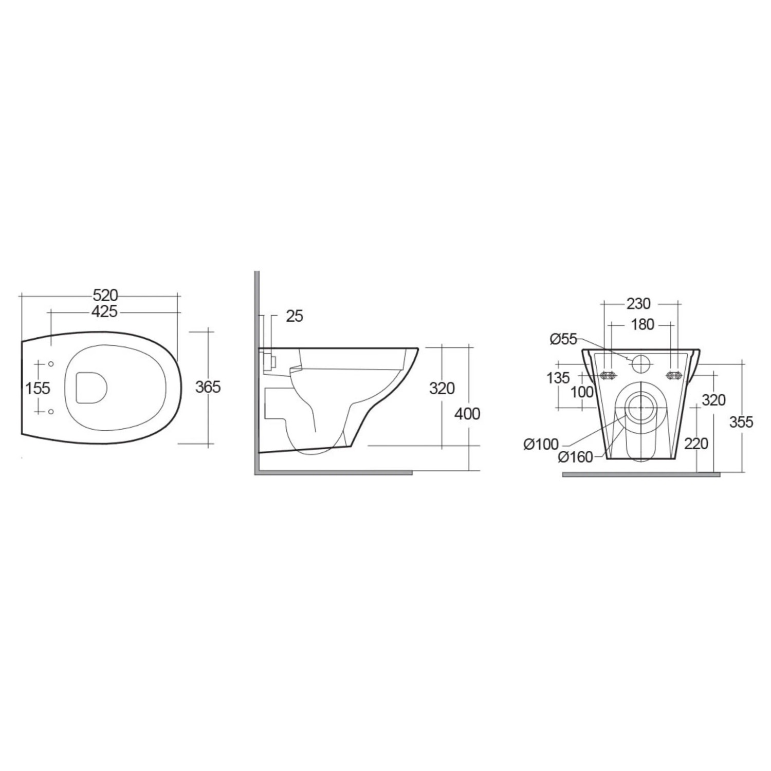 Disegno tecnico di un WC sospeso con dimensioni per installazione e progettazione.