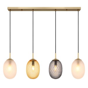 Lampada a sospensione t.b.t. con quattro paralumi in vetro colorato. Lampada a sospensione moderna per sala da pranzo e soggiorno.