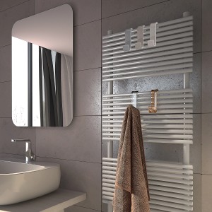 Scena del bagno con portasciugamani e asciugamano, accessori per pareti e contenitori.