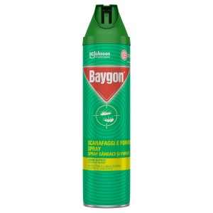Spray Baygon per scarafaggi e formiche, confezione verde.