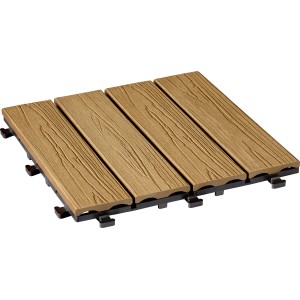 Piastrelle a incastro WPC effetto legno marrone, set da 6, ideali per balconi e terrazze.