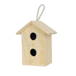 Piccola casetta per uccelli in legno non trattato con due ingressi rotondi e anello per appenderla.