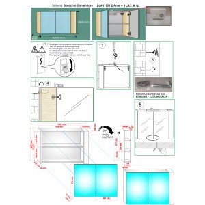 Disegno tecnico per specchiera t.b.t. con dimensioni e istruzioni di montaggio.