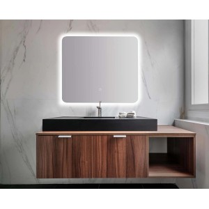 Mobile specchio t.b.t. con illuminazione LED sopra lavabo con mobile base in legno.