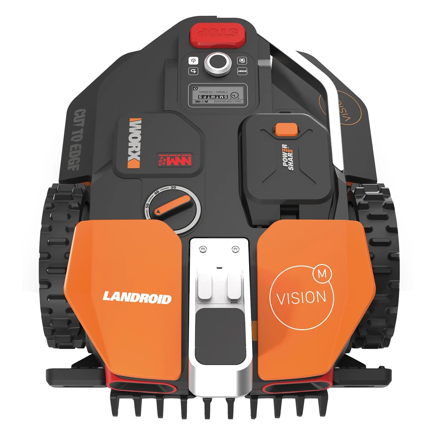 Worx Landroid Vision M800 robot tagliaerba, vista dall'alto. Robot tagliaerba con rilevamento ostacoli basato su IA.