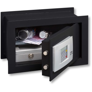Cassaforte a muro Burg-Wächter Point-Safe PW 3 E aperta, nera, con serratura elettronica.