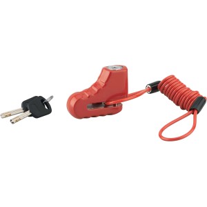 Lucchetto per freno a disco t.b.t. rosso con cavo a spirale e chiavi per moto o scooter.
