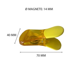 Clip magnetico giallo trasparente con manici gialli, larghezza 70 mm, per note e foto.
