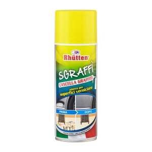 Bomboletta spray gialla di t.b.t. rimuovi graffiti per superfici verniciate.