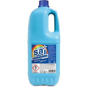 Flacone azzurro chiaro da 2L di candeggina Sai Candeggina per la pulizia.