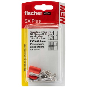 Fischer SX Plus tasselli in nylon, 4x20 mm, con ganci. Adatti per materiali da costruzione pieni e forati.