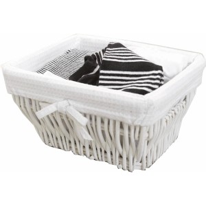 Cesto portabiancheria bianco in vimini con rivestimento in tessuto per mobili bagno.