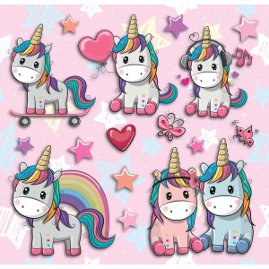 Adesivi da parete con vari disegni di unicorni su sfondo rosa con stelle. Ideale per le camerette dei bambini.