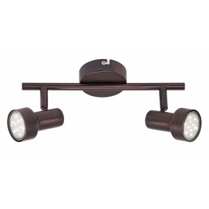 Faretto LED t.b.t. marrone con due luci per montaggio a soffitto.