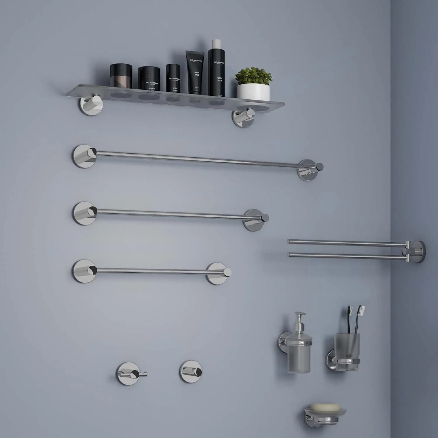 Set accessori bagno t.b.t.: porta asciugamani, dispenser sapone, mensola e altro.