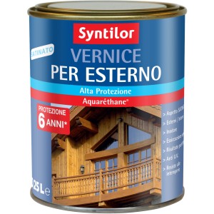 Barattolo di vernice per esterni Syntilor, finitura satinata, con motivo di casa in legno.