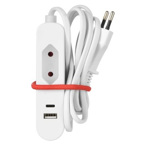 Multipresa bianca t.b.t. con porte USB e fascetta rossa.