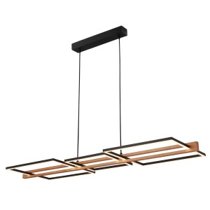 Lampada a sospensione a LED dimmerabile Royk di Briloner con decoro in legno e luce bianca calda.