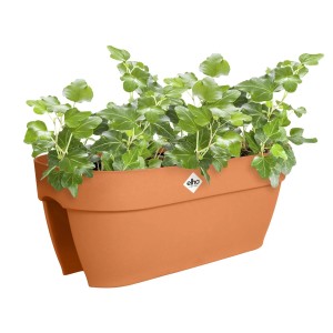 Cassetta da balcone decorativa color terracotta piantata con edera.