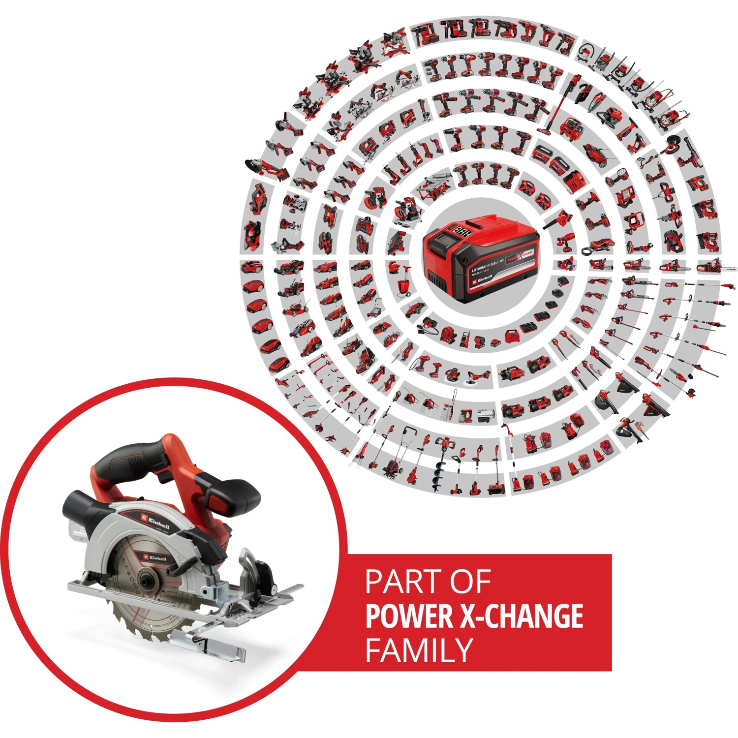 Sega circolare a batteria Einhell Power X-Change TE-CS 18/165-1 Li Solo, parte della famiglia Power X-Change.