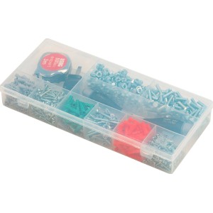 Cassetta assortita con viti, tasselli, dadi e metro a nastro, Portaminuteria.