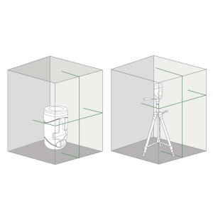 Illustrazione di un laser a linee con treppiede, strumento per misurazioni precise.