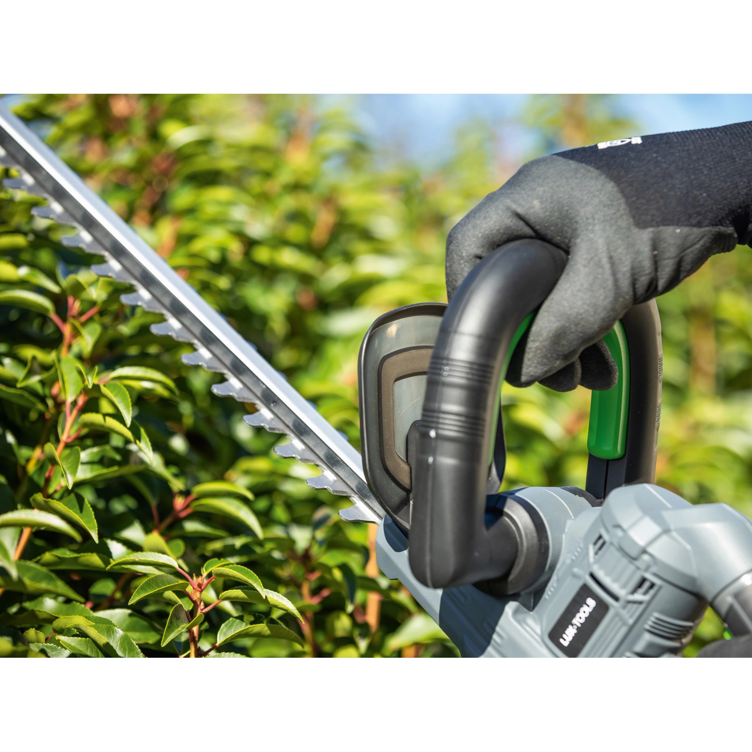 Tagliasiepi a batteria LUX A-HS-20/52-24 con batteria e caricabatterie in uso.