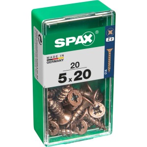 Viti per legno SPAX 5x20 mm in contenitore di plastica verde, viti color rame.