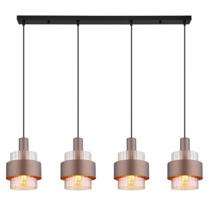 Lampada a sospensione moderna con quattro lampade in bronzo e accenti chiari. Ideale come lampada a sospensione.